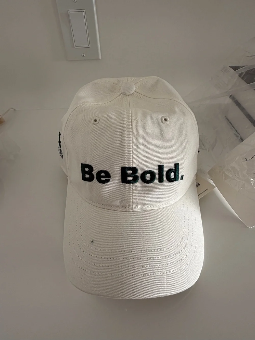 Tory Burch Cream Baseball Cap with Green 'Be Bold.' Embroidery